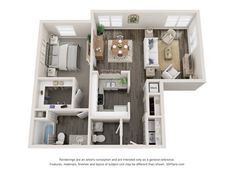 Floor plan for 1 bed, 1.5 baths, 1074 sqft